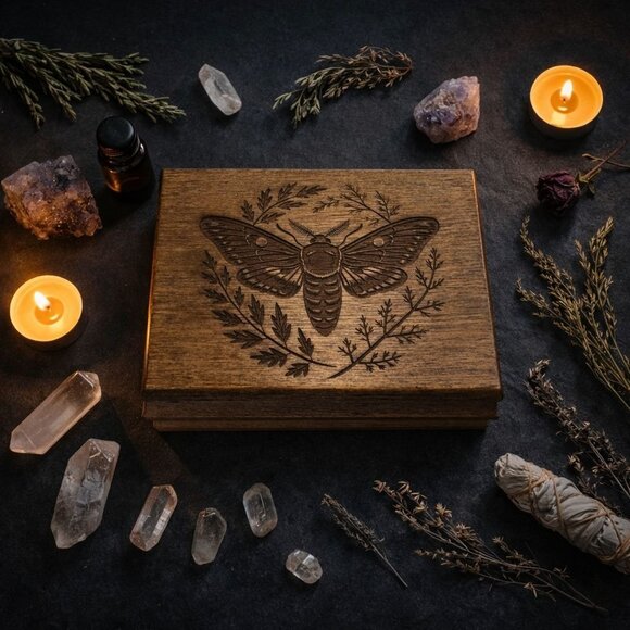 Handmade Oak Jewelry Box Death's Head Moth Engraved Witchy Keepsake Dark Botanic